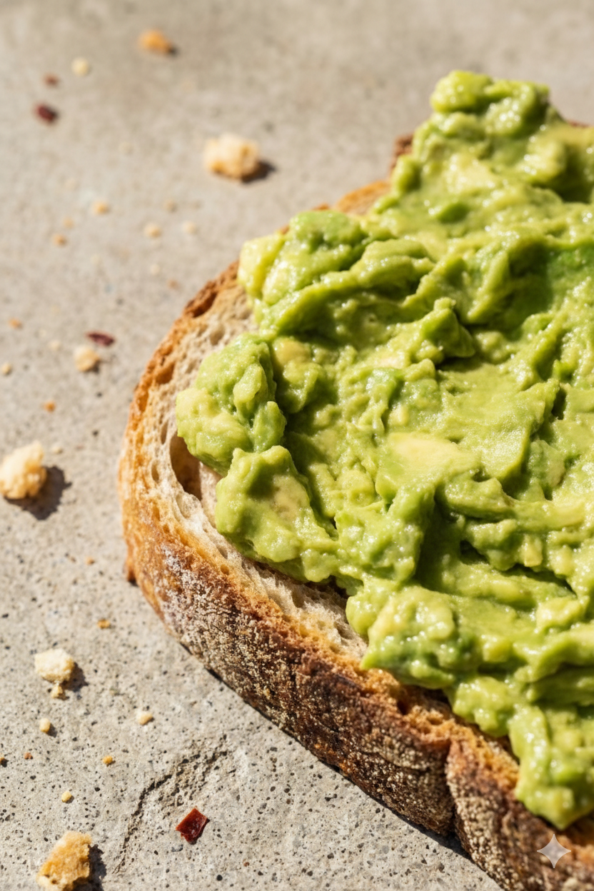 Avocado spread on a slice of bread on a concrete surface