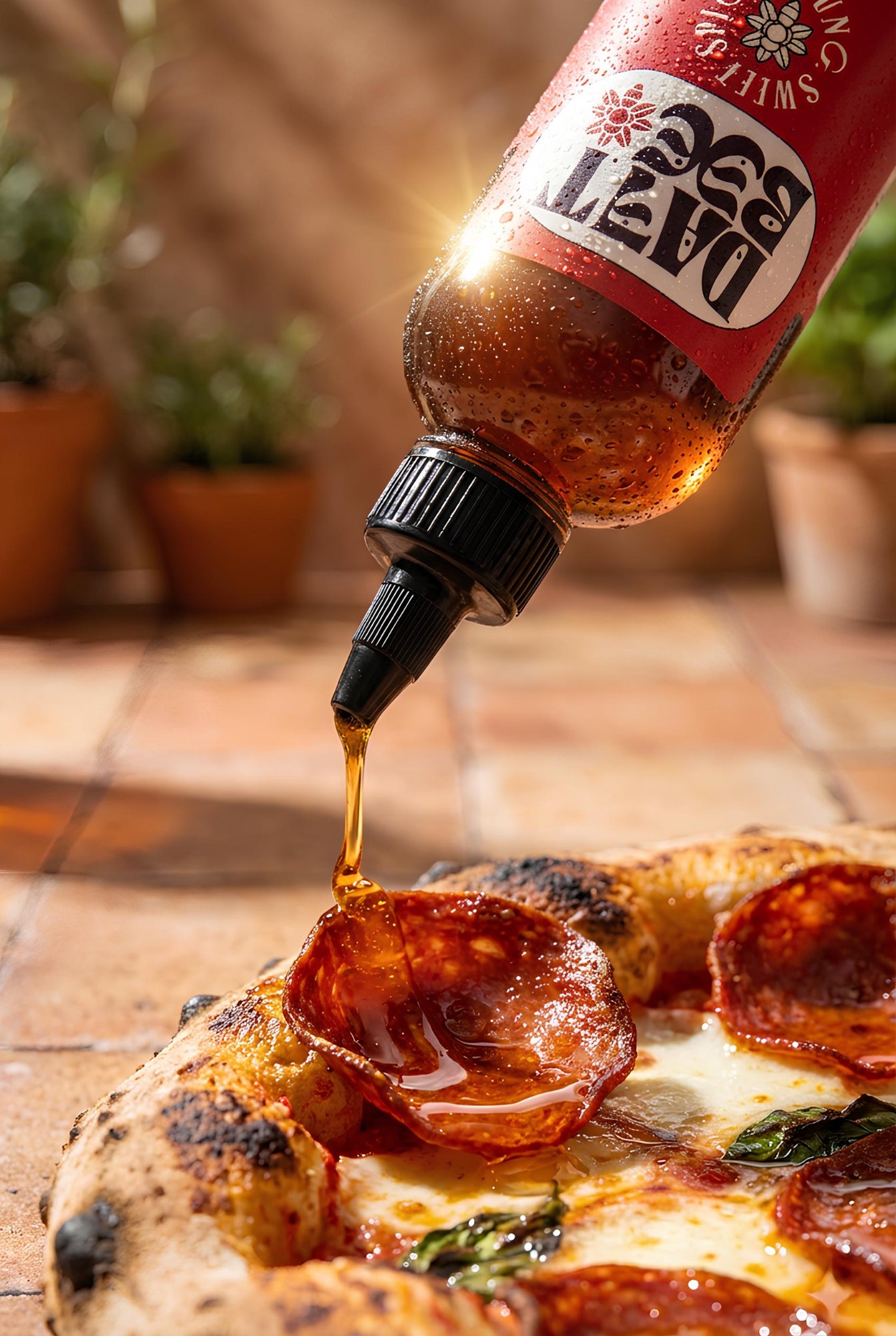 Daftbee  hot honey being drizzled onto a pizza 